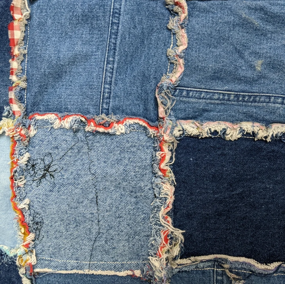Frayed Denim Quilt made from recycled jeans, upcycled, patchwork, reversible